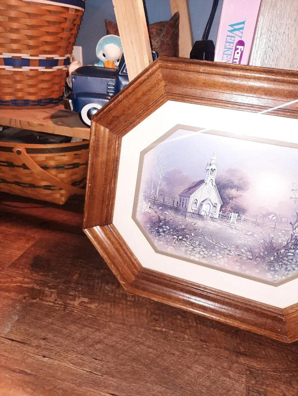 Vintage Framed Homeco Pastel Chapel Print in Brown Octagonal Frame